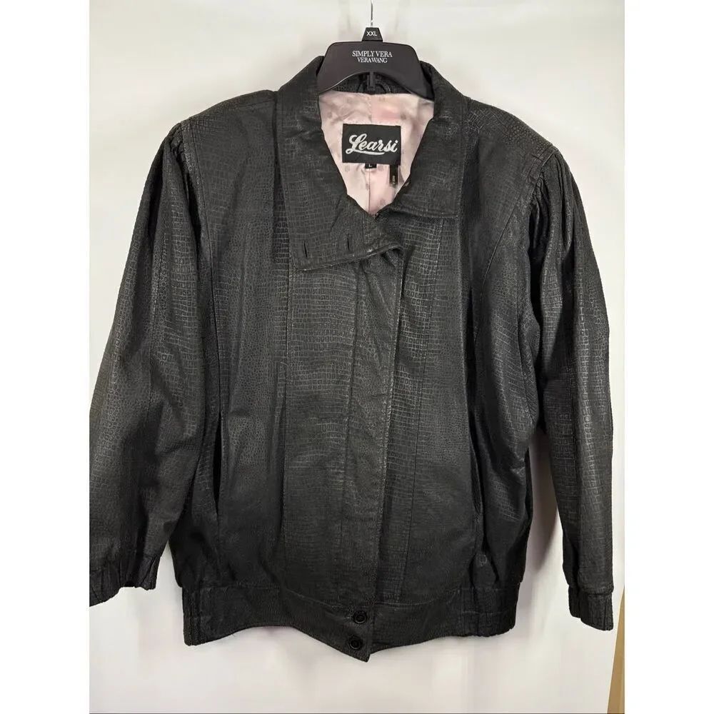 Vintage Learsi black animal print leather short waist bomber jacket size large